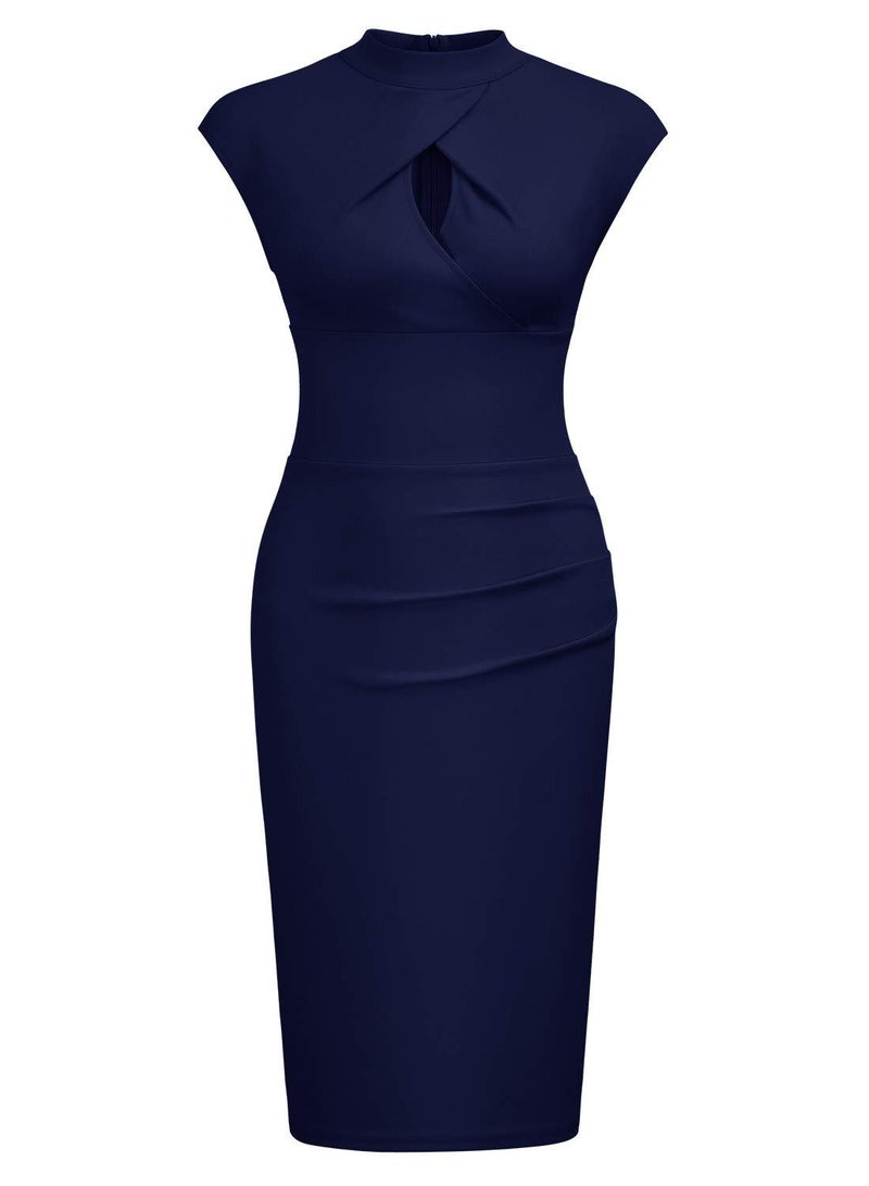 Miusol Women's Business Slim Style Ruffle Work Pencil Dress(Large,B-Navy Blue) - Image 4